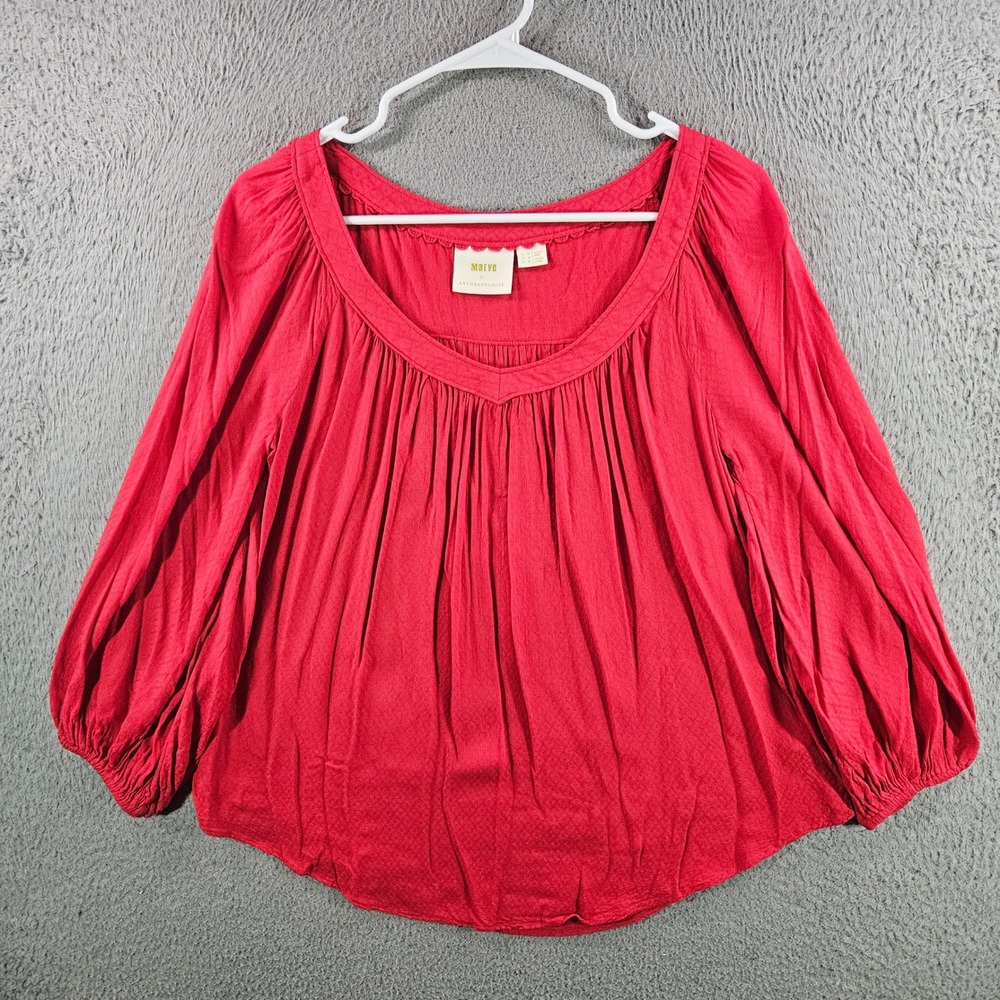 Maeve Anthropologie Red Textured Viscose Balloon Sleeve Peasant Blouse Top‎ 6
